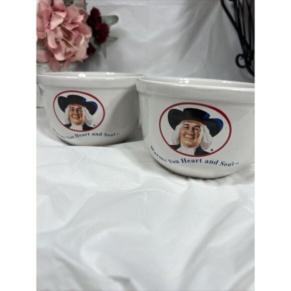Vintage Quaker Oatmeal Bowl Cereal 90s White Warms You Heart And Soul Set Of 2‎